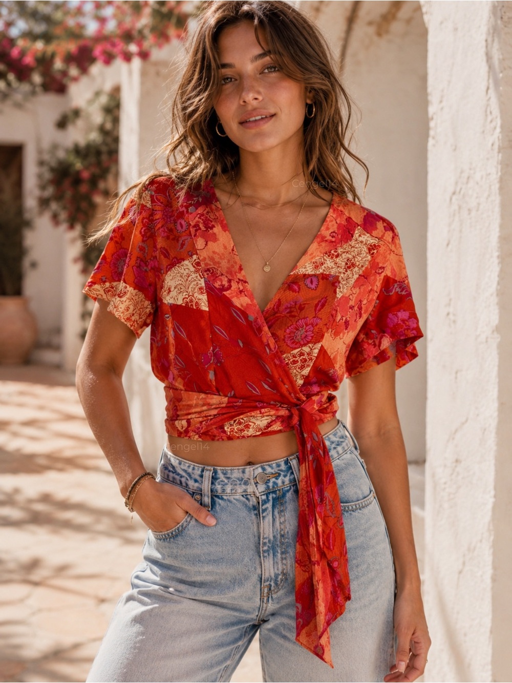 Free People Ashley Summer Wrap Crop Top Fun Combo Patchwork L NWT